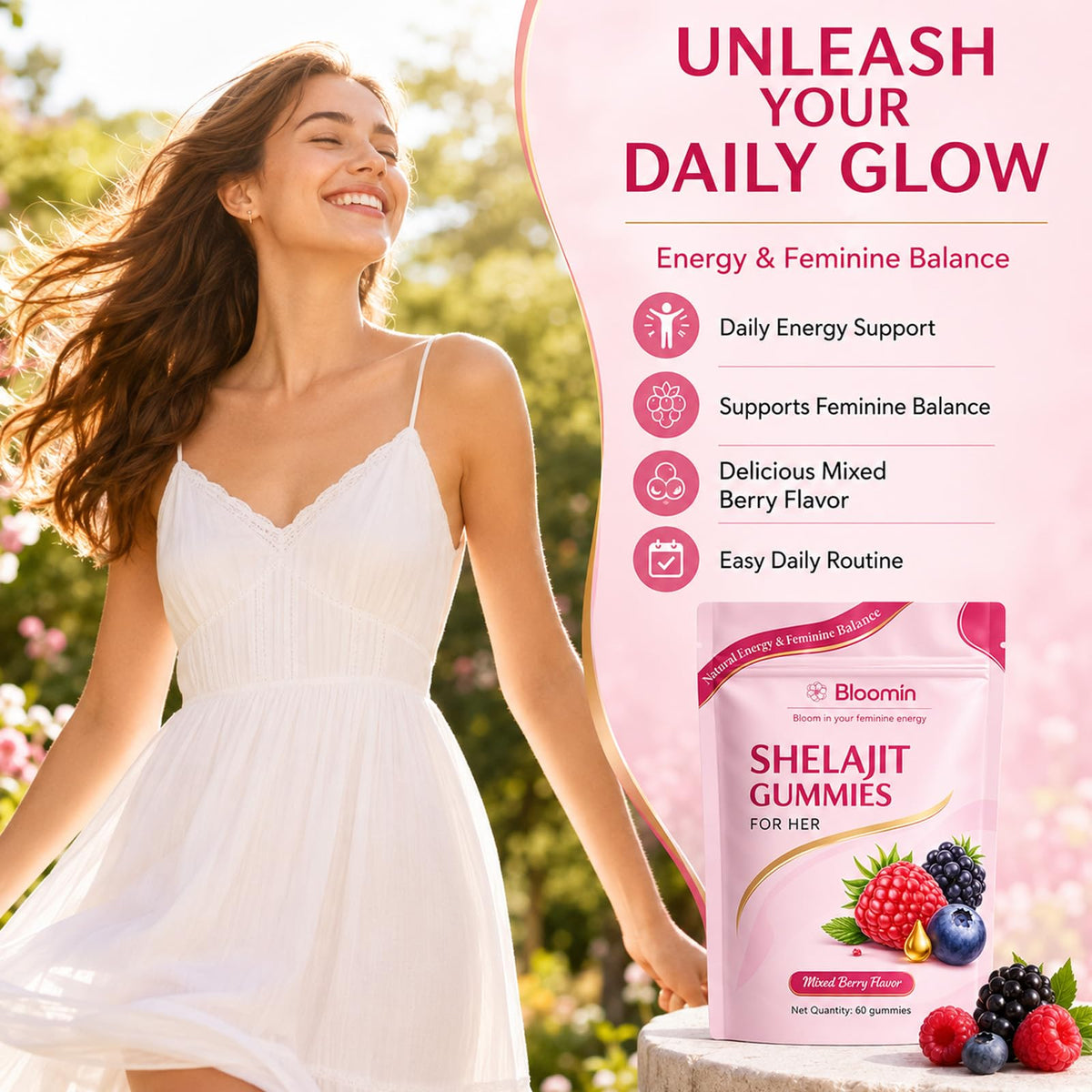 Botanic Vault Bloomin Shilajit Gummies for Women – Daily Wellness, Energy & Vitality Support, Herbal Berry, 60 Gummies