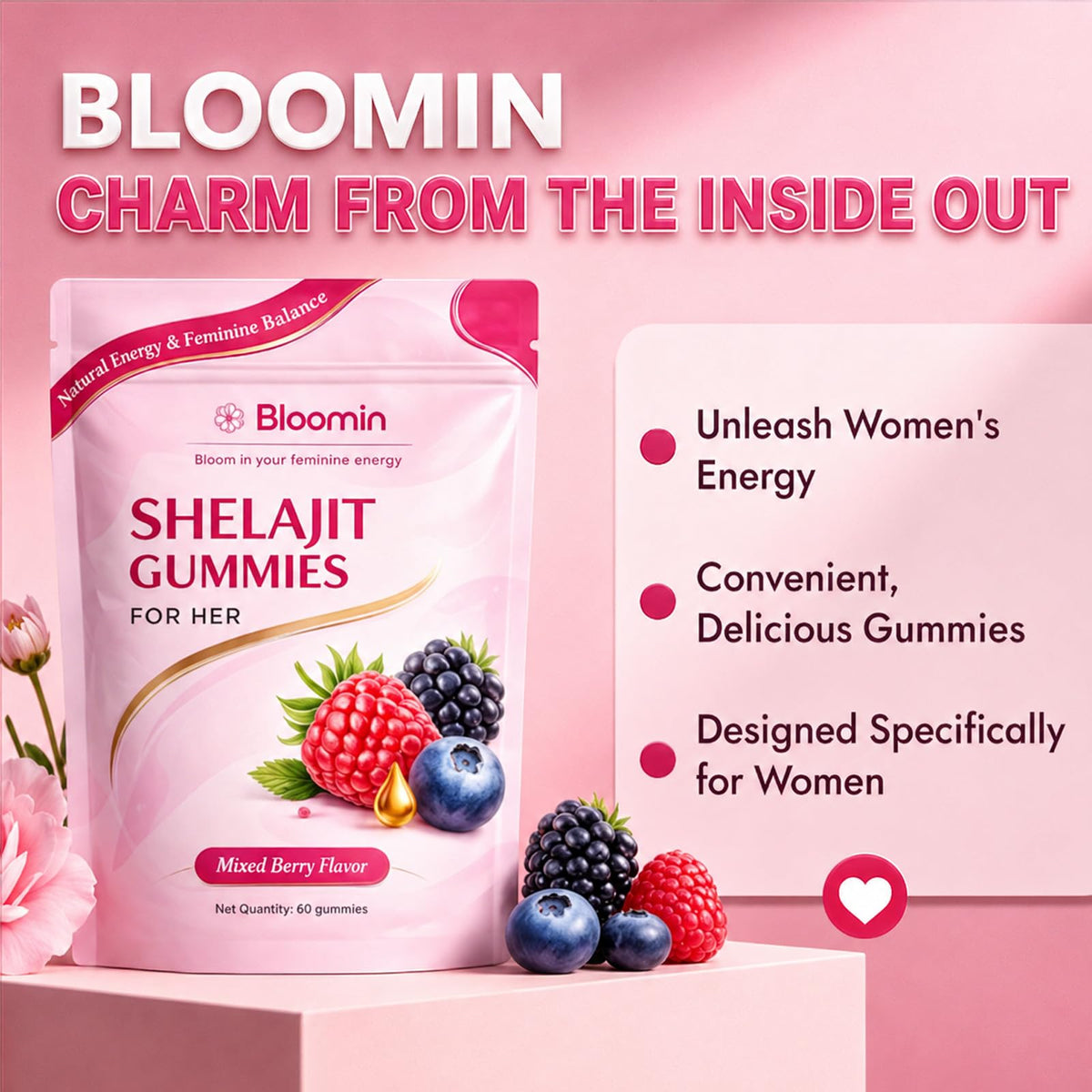 Botanic Vault Bloomin Shilajit Gummies for Women – Daily Wellness, Energy & Vitality Support, Herbal Berry, 60 Gummies
