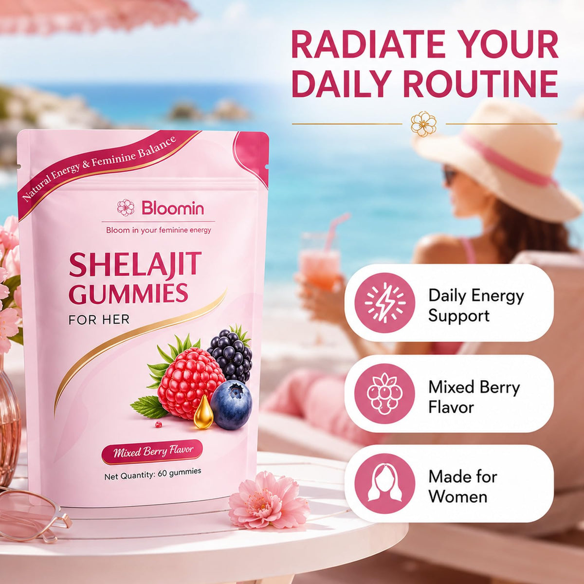 Botanic Vault Bloomin Shilajit Gummies for Women – Daily Wellness, Energy & Vitality Support, Herbal Berry, 60 Gummies